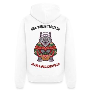 Hässlicher Weihnachtspullover – Wolf & Oma - Unisex Premium Bio Zip Hoodie - Weiß - Hinten - Thijin (182cm)