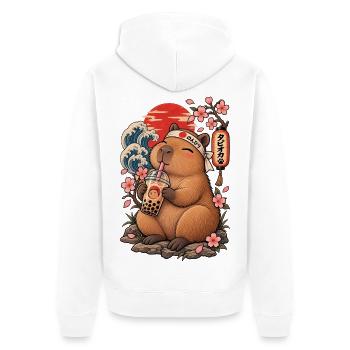 Capybara mit Bubble Tea und japanischen Wellen - Unisex Premium Bio Zip Hoodie - Weiß - Hinten - Thijin (182cm)