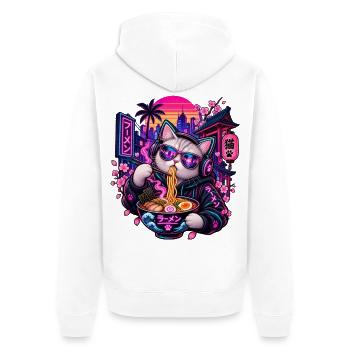 Neon-Ramen-Katze mit Sonnenbrille - Unisex Premium Bio Zip Hoodie - Weiß - Hinten - Thijin (182cm)