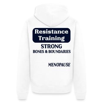 Menopause-Knochen, Widerstandstraining - Unisex Premium Bio Zip Hoodie - Weiß - Hinten - Thijin (182cm)