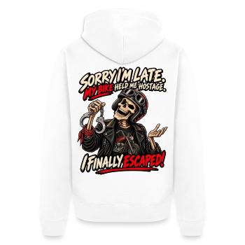 Entschuldigung, mein Motorrad hat mich als Geisel gehalten. Biker-Humor - Unisex Premium Bio Zip Hoodie - Weiß - Hinten - Thijin (182cm)