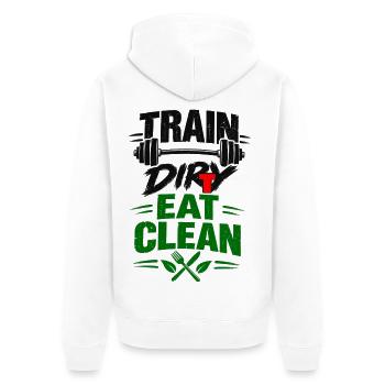 Train, Dirty Eat Clean Fitness Langhanteldesign - Unisex Premium Bio Zip Hoodie - Weiß - Hinten - Thijin (182cm)