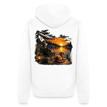 Fisherman's Sunset – Mensch und Hund - Unisex Premium Bio Zip Hoodie - Weiß - Hinten - Thijin (182cm)