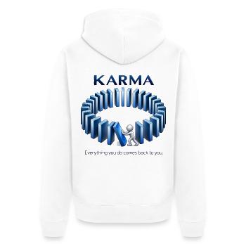 Karma Spruch Domino Effekt Alles kommt zurück - Unisex Premium Bio Zip Hoodie - Weiß - Hinten - Thijin (182cm)