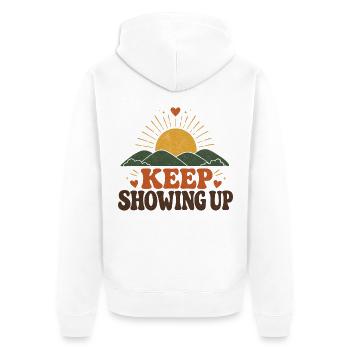 Immer wieder erscheinen – Positives Retro-Design - Unisex Premium Bio Zip Hoodie - Weiß - Hinten - Thijin (182cm)