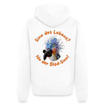 Krallo Kreisch™: Sinn des Lebens? Der Blöd-Sinn! - Unisex Premium Bio Zip Hoodie - Weiß - Hinten - Thijin (182cm)