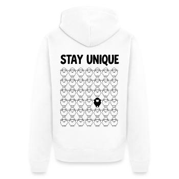 Schwarzes Schaf Stay Unique - Unisex Premium Bio Zip Hoodie - Weiß - Hinten - Thijin (182cm)