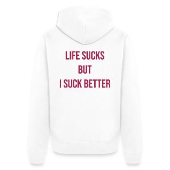 051 Das Leben ist, aber ich bin besser - Unisex Premium Bio Zip Hoodie - Weiß - Hinten - Thijin (182cm)