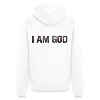 I AM GOD – Rustikale Metalltypografie - Unisex Premium Bio Zip Hoodie - Weiß - Hinten - Thijin (182cm)