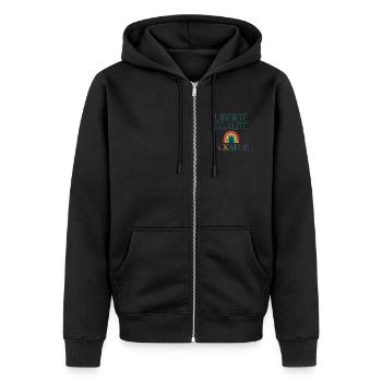 Liberté Egalité FCKAFDÉ - Regenbogen FCKAFD - Unisex Premium Bio Zip Hoodie - Schwarz - Vorne - Nico (187cm) & Julia (174cm)