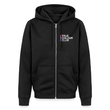 TRUE COLOUR CLUB – Bisexuelle gestapelte Unterschrift - Unisex Premium Bio Zip Hoodie - Schwarz - Vorne - Nico (187cm) & Julia (174cm)