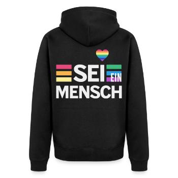 SEI EIN MENSCH - Statement für mehr Menschlichkeit - Unisex Premium Bio Zip Hoodie - Schwarz - Hinten - Nico (187cm)