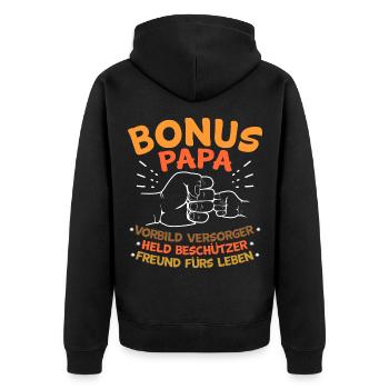 Bonus Papa Stiefvater - Unisex Premium Bio Zip Hoodie - Schwarz - Hinten - Nico (187cm)