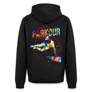 Beherzter Traceur Stadtparcours - Unisex Premium Bio Zip Hoodie - Schwarz - Hinten - Nico (187cm)