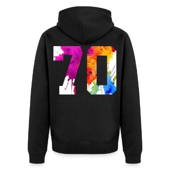 NUMMER 70 JAHRE ALT 70. GEBURTSTAG - Unisex Premium Bio Zip Hoodie - Schwarz - Hinten - Nico (187cm)