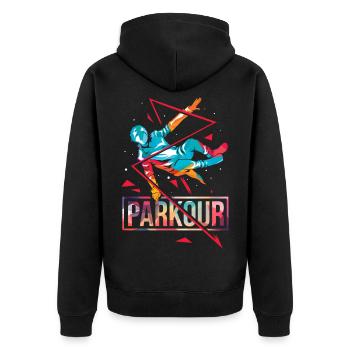 Furchtloser Parkour Stadtakrobat - Unisex Premium Bio Zip Hoodie - Schwarz - Hinten - Nico (187cm)