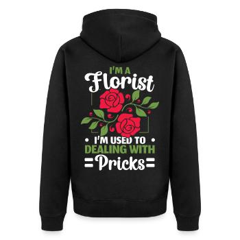 Ich bin Florist, ich bin gewohnt, mit Stichen umzu - Unisex Premium Bio Zip Hoodie - Schwarz - Hinten - Nico (187cm)