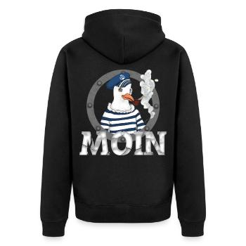 Moin Möwe – Seemann mit Pfeife Nordsee Shirt - Unisex Premium Bio Zip Hoodie - Schwarz - Hinten - Nico (187cm)