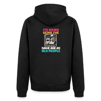 Jahrgang | Klassisch | Klassisch | Alt - Unisex Premium Bio Zip Hoodie - Schwarz - Hinten - Nico (187cm)