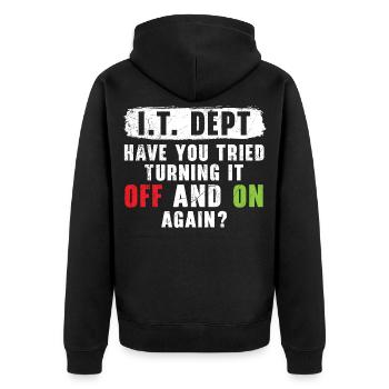 Ruhig bleiben und ein Ticket einreichen - Unisex Premium Bio Zip Hoodie - Schwarz - Hinten - Nico (187cm)