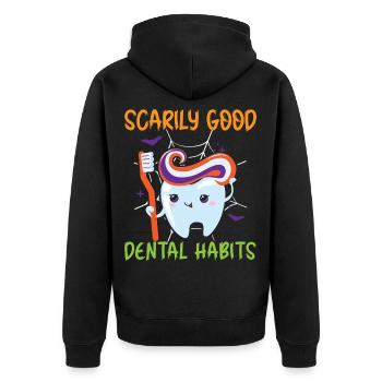 Erschreckend gute zahnärztliche Gewohnheiten. - Unisex Premium Bio Zip Hoodie - Schwarz - Hinten - Nico (187cm)