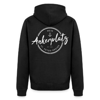 Mein Ankerplatz St. Peter-Ording Heimat Nordsee - Unisex Premium Bio Zip Hoodie - Schwarz - Hinten - Nico (187cm)
