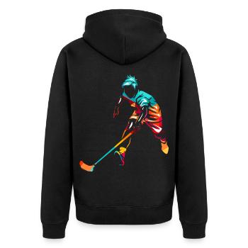 Reaktionsstarke Unihockey Torhüterin - Unisex Premium Bio Zip Hoodie - Schwarz - Hinten - Nico (187cm)