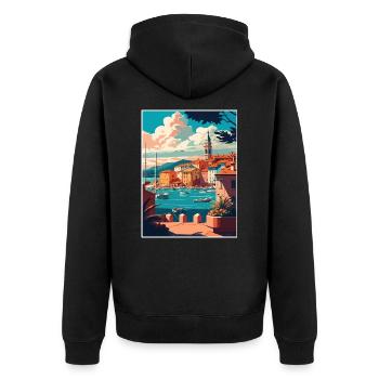 St. Tropez Seascape Frankreich Vintage Reiseposter - Unisex Premium Bio Zip Hoodie - Schwarz - Hinten - Nico (187cm)