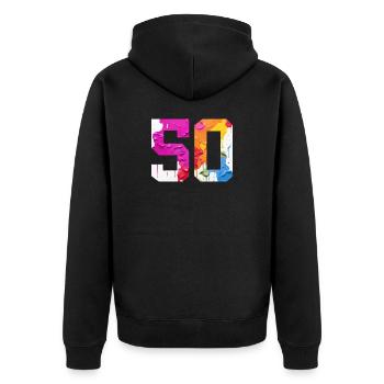FARBIG NUMMER 50 BUNT 50. GEBURTSTAG - Unisex Premium Bio Zip Hoodie - Schwarz - Hinten - Nico (187cm)