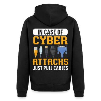 In Case Of Cyber Attacks Just Pull Cables - Unisex Premium Bio Zip Hoodie - Schwarz - Hinten - Nico (187cm)