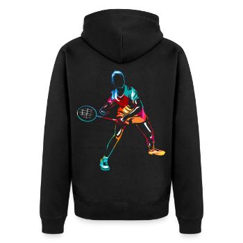 Flinker Badminton Turnierspieler - Unisex Premium Bio Zip Hoodie - Schwarz - Hinten - Nico (187cm)