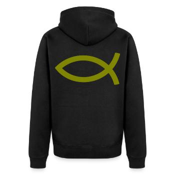  Jesusfisch grün Ichthys Jesus Fisch  - Unisex Premium Bio Zip Hoodie - Schwarz - Hinten - Nico (187cm)
