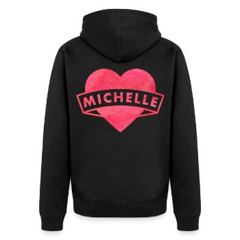Pinkes Herzbanner Michelle - Unisex Premium Bio Zip Hoodie - Schwarz - Hinten - Nico (187cm)
