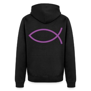  Jesusfisch violett Ichthys Jesus Fisch  - Unisex Premium Bio Zip Hoodie - Schwarz - Hinten - Nico (187cm)