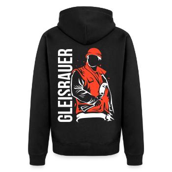 Tatkräftiger Gleisbauer Schichtdienst - Unisex Premium Bio Zip Hoodie - Schwarz - Hinten - Nico (187cm)