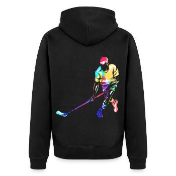 Reflexstarker Floorball Torwart - Unisex Premium Bio Zip Hoodie - Schwarz - Hinten - Nico (187cm)