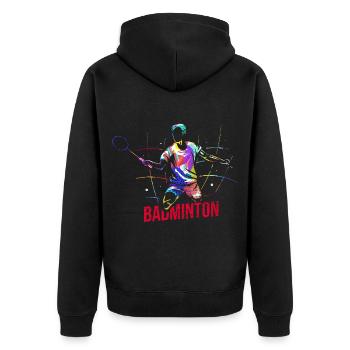 Flinker Badminton Vereinsmeister - Unisex Premium Bio Zip Hoodie - Schwarz - Hinten - Nico (187cm)