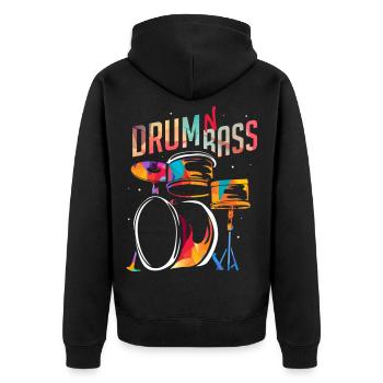 Elektrisierender Bass Raveclub - Unisex Premium Bio Zip Hoodie - Schwarz - Hinten - Nico (187cm)