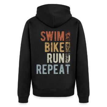 Swim Bike Run Repeat - Vintage Triathlon - Unisex Premium Bio Zip Hoodie - Schwarz - Hinten - Nico (187cm)