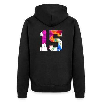 NUMMER 15 JAHRE ALT 15. GEBURTSTAG - Unisex Premium Bio Zip Hoodie - Schwarz - Hinten - Nico (187cm)
