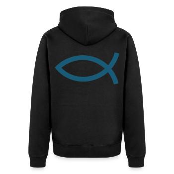 Blauer Jesusfisch Ichthys Jesus Fisch Geschenkidee - Unisex Premium Bio Zip Hoodie - Schwarz - Hinten - Nico (187cm)