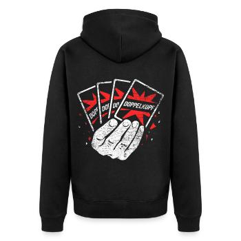 Trickreicher Doppelkopf Kartenspiel - Unisex Premium Bio Zip Hoodie - Schwarz - Hinten - Nico (187cm)