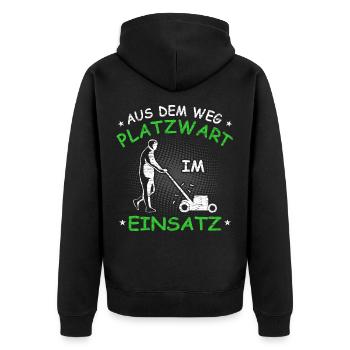 Platzwart Geschenkidee - Unisex Premium Bio Zip Hoodie - Schwarz - Hinten - Nico (187cm)