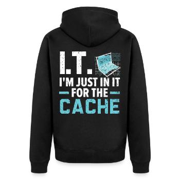 I.T. I'm Just In It For The Cache Computer - Unisex Premium Bio Zip Hoodie - Schwarz - Hinten - Nico (187cm)