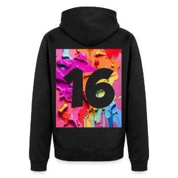 NR. 16 NUMMER 16 BUNT 16. GEBURTSTAG - Unisex Premium Bio Zip Hoodie - Schwarz - Hinten - Nico (187cm)