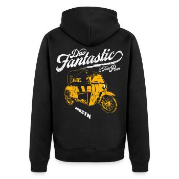 DUO FANTASTIC - DDR Moped - Unisex Premium Bio Zip Hoodie - Schwarz - Hinten - Nico (187cm)
