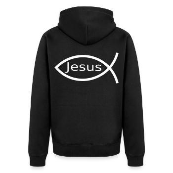  Jesusfisch weiß Ichthys Jesus Fisch  - Unisex Premium Bio Zip Hoodie - Schwarz - Hinten - Nico (187cm)