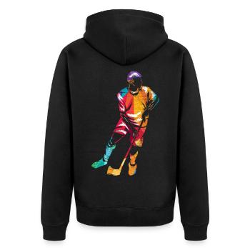 Pfeilschneller Floorball Angreifer - Unisex Premium Bio Zip Hoodie - Schwarz - Hinten - Nico (187cm)