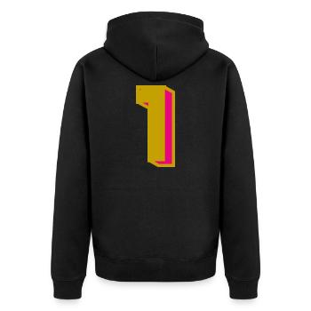 1. 1 JAHR. 1. JAHRESTAG - Unisex Premium Bio Zip Hoodie - Schwarz - Hinten - Nico (187cm)