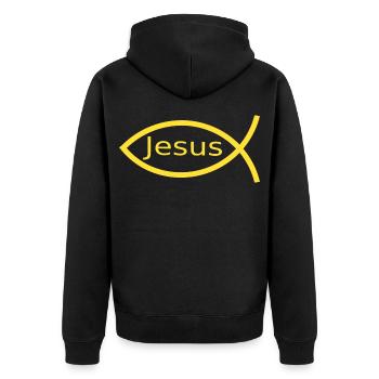 Jesusfisch gelb Ichthys Jesus Fisch  - Unisex Premium Bio Zip Hoodie - Schwarz - Hinten - Nico (187cm)